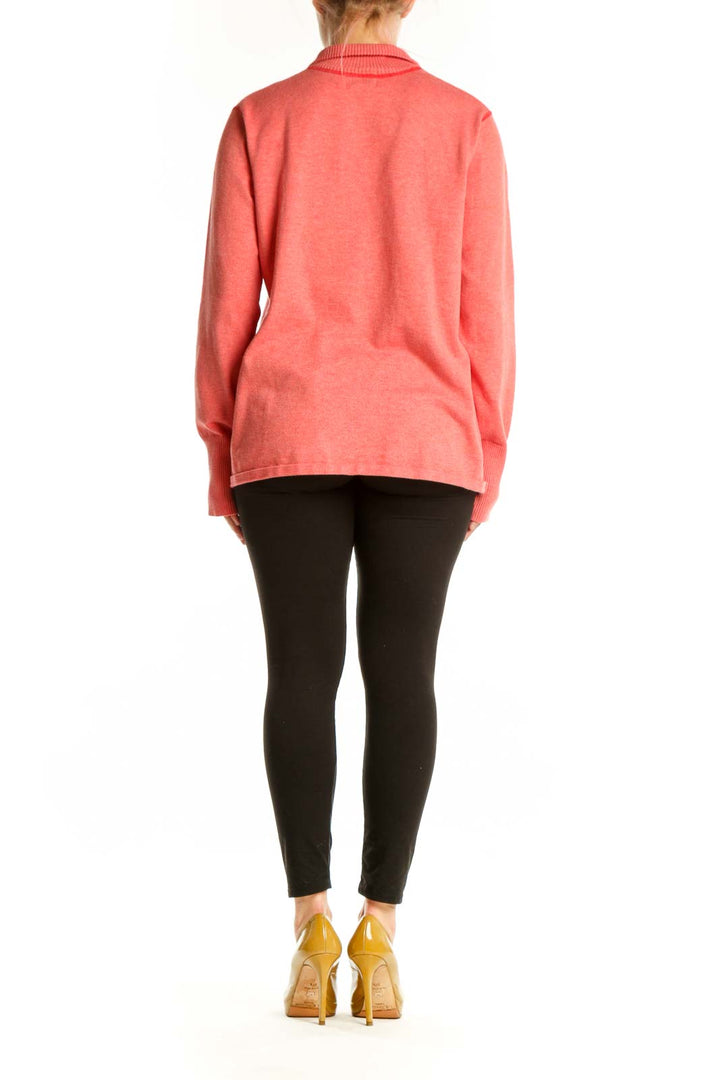 Back view of coral Eddie Bauer knit hoodie showing relaxed fit and side seam details