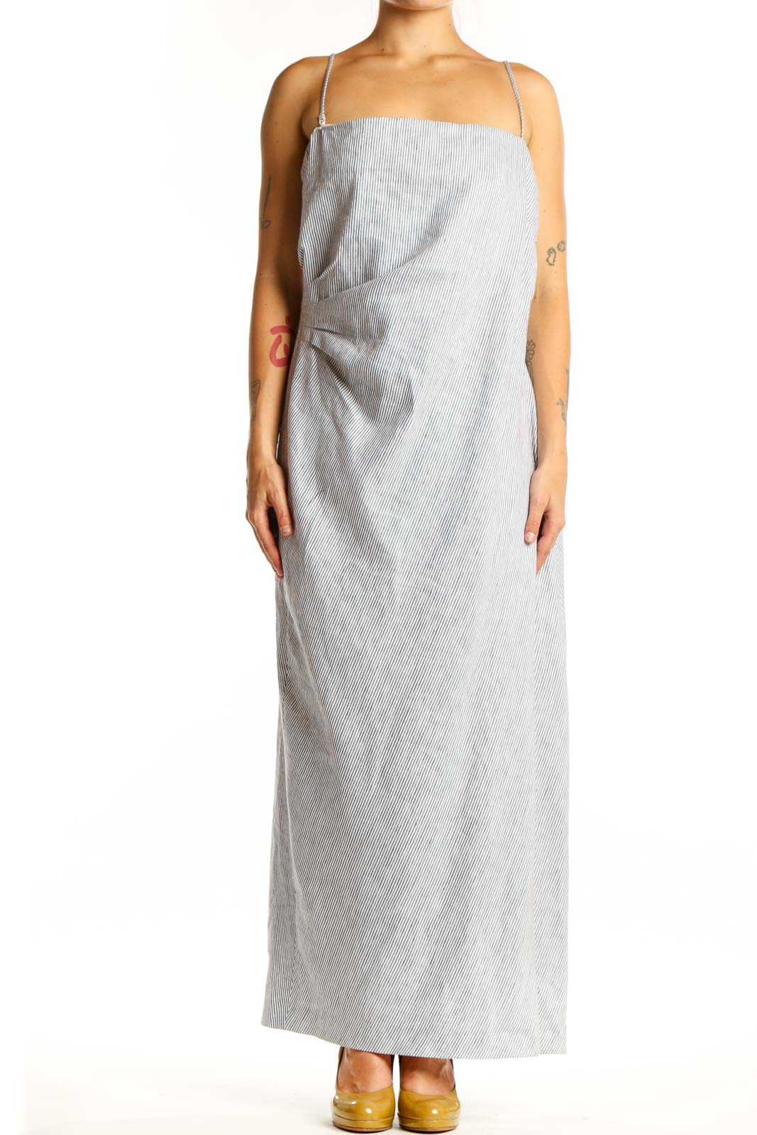 Gray linen blend maxi camisole dress with spaghetti straps, front view