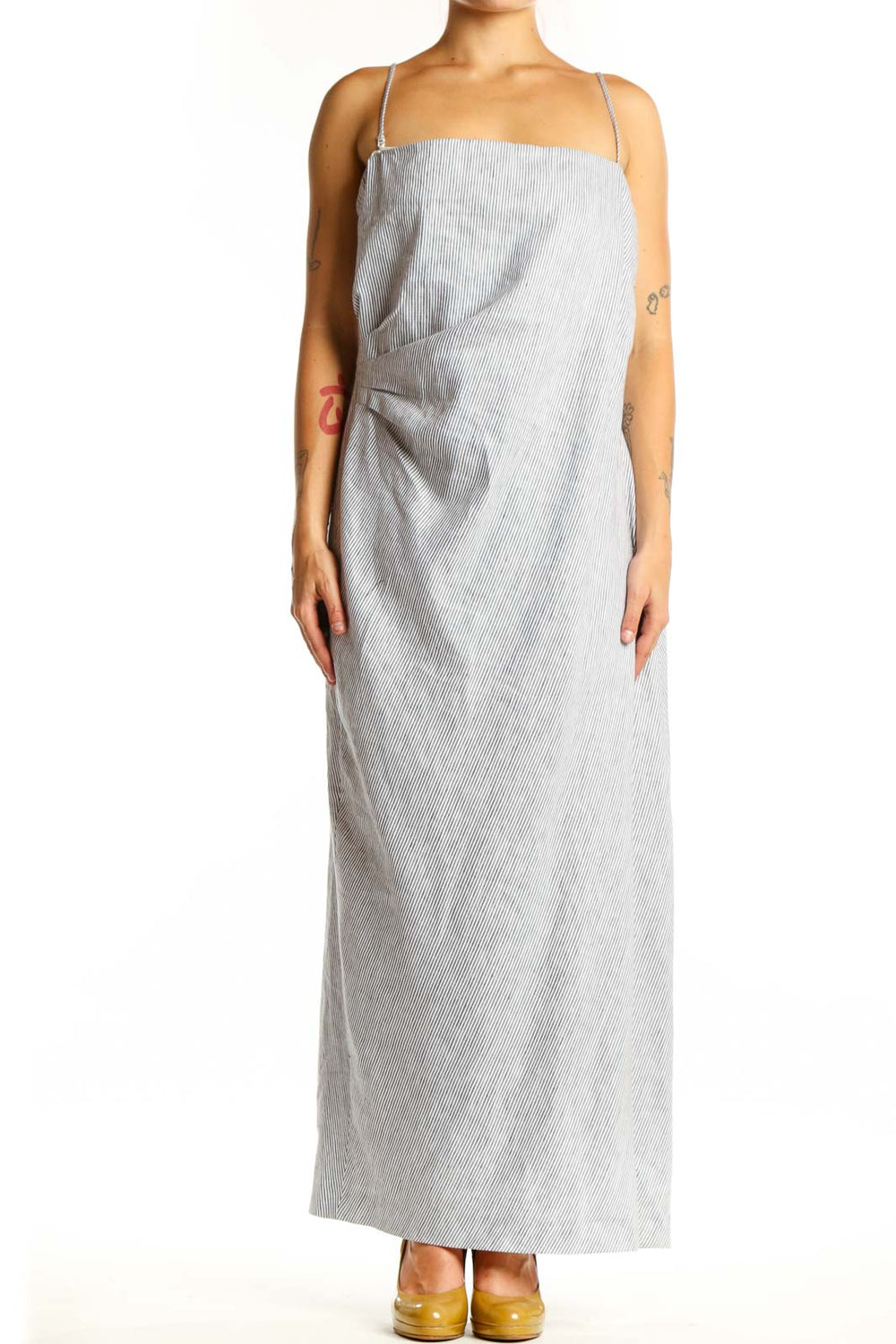 Gray linen blend maxi camisole dress with spaghetti straps, front view