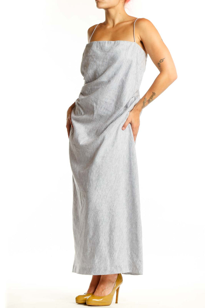 Gray linen blend maxi camisole dress with spaghetti straps, front view