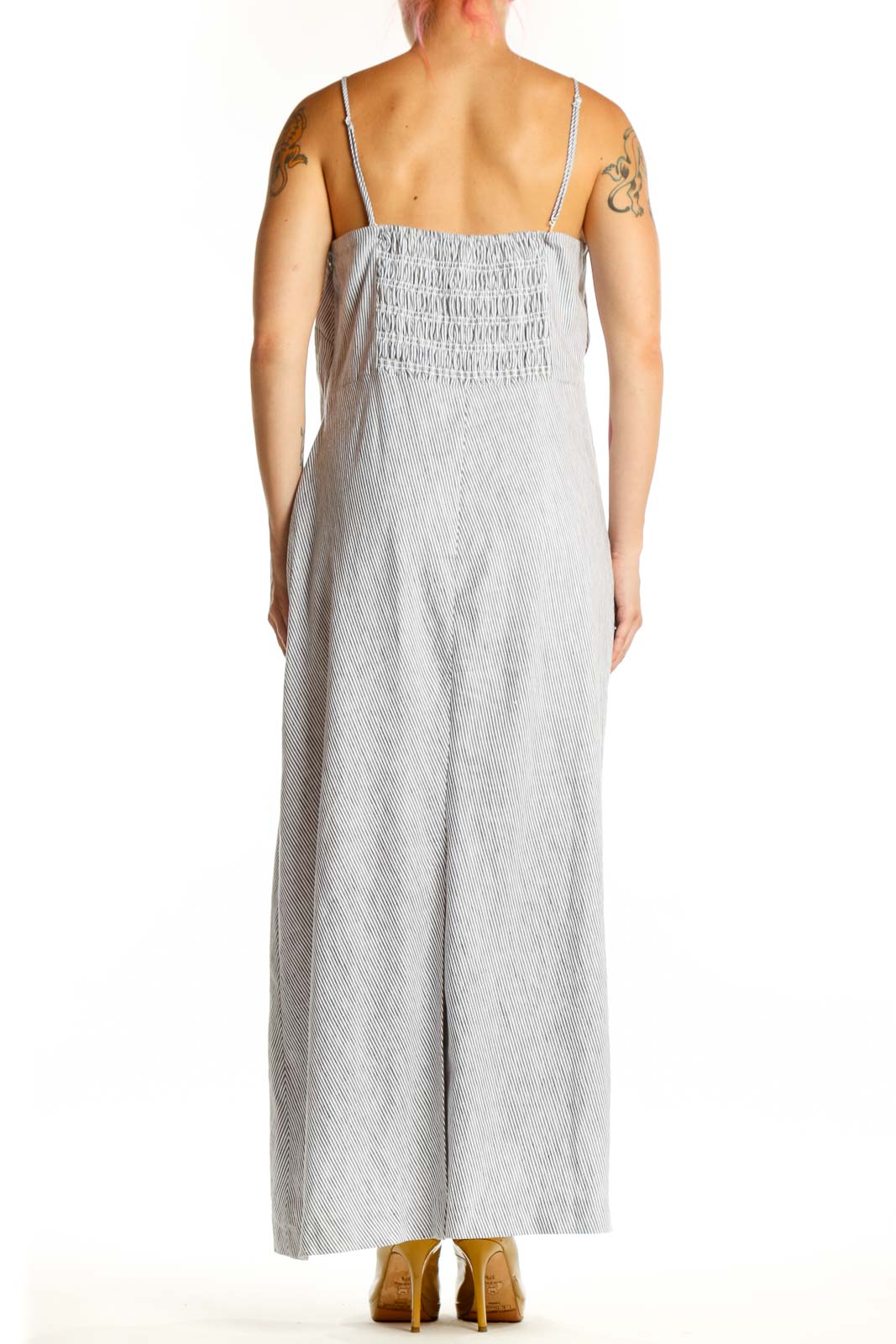 Gray linen blend maxi camisole dress with spaghetti straps, back view