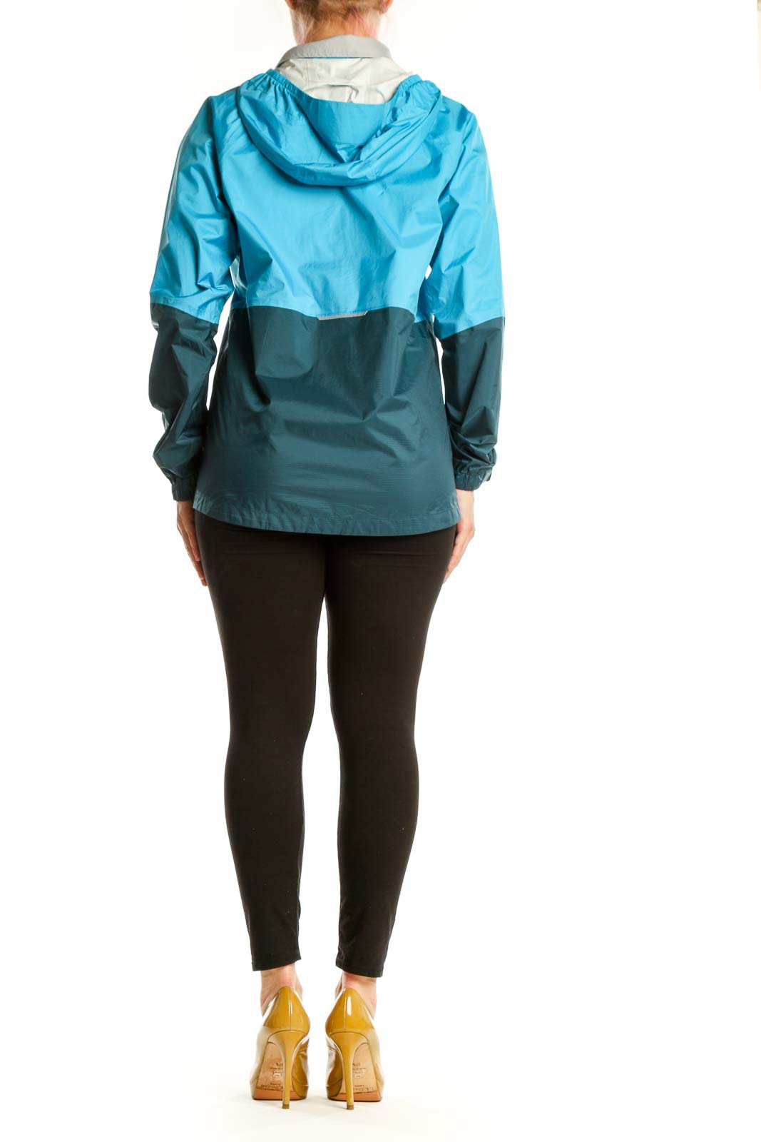 Blue and teal colorblock nylon windbreaker jacket back view showing colorblock design and relaxed fit