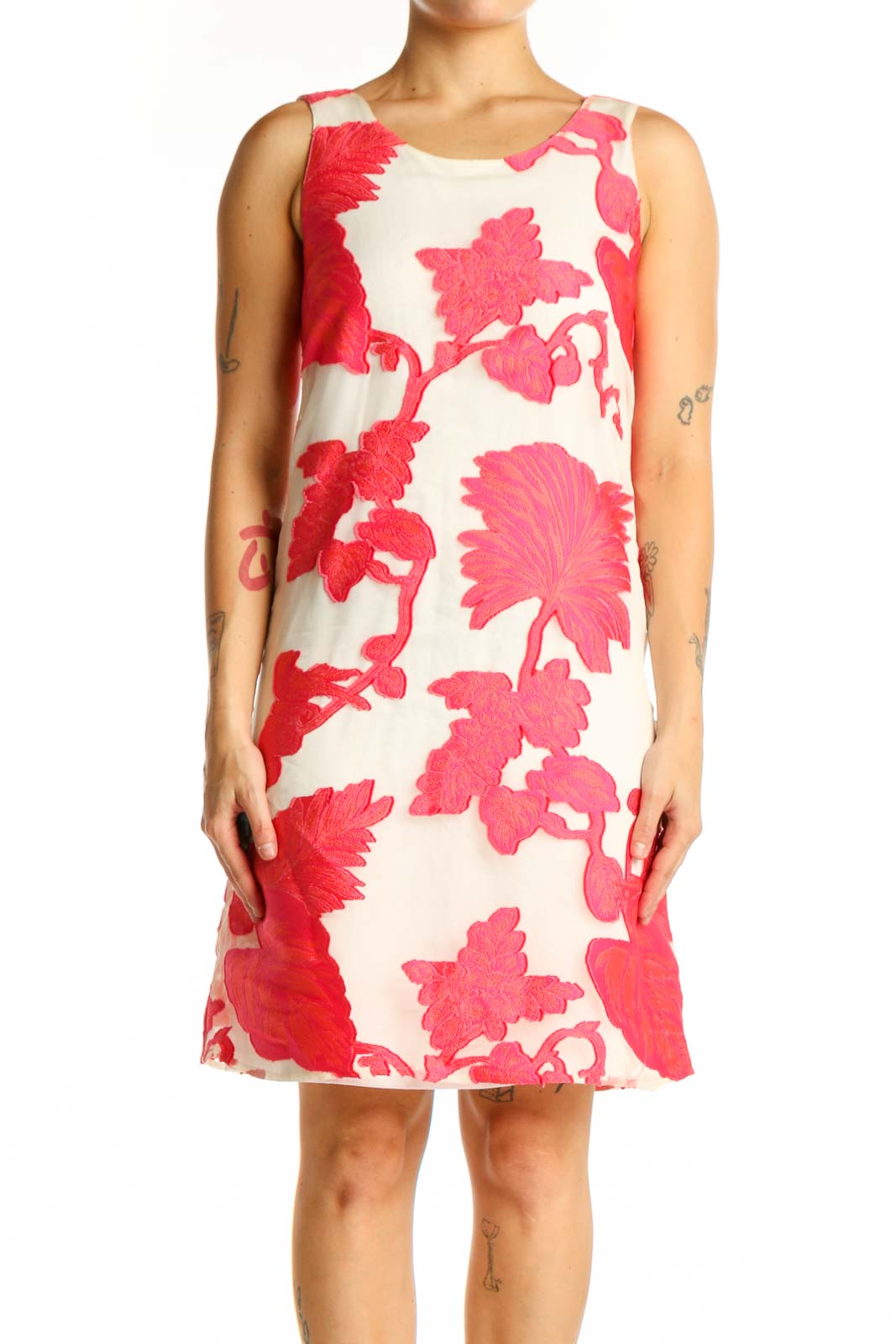 Red and pink floral print A-line dress with sleeveless crew neck design, front view