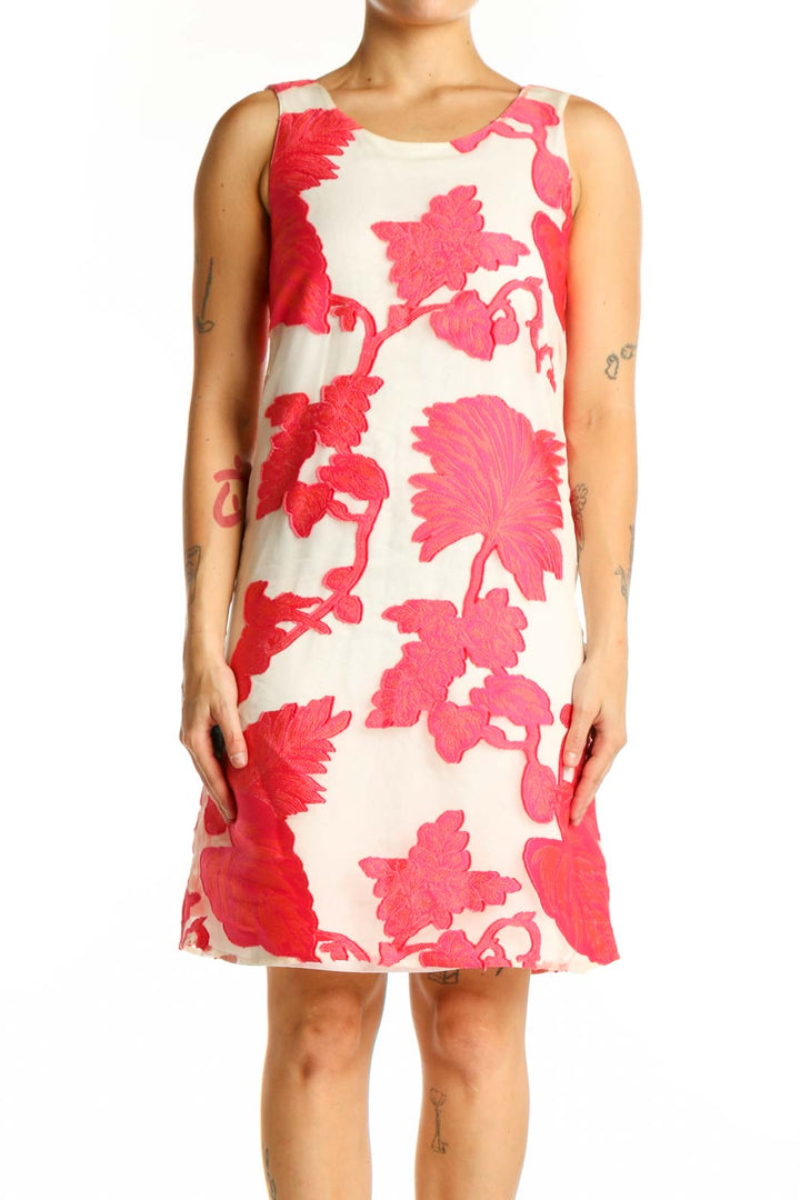 Red and pink floral print A-line dress with sleeveless crew neck design, front view