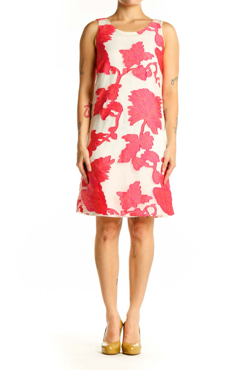 Red and pink floral print A-line dress with sleeveless crew neck design, front view