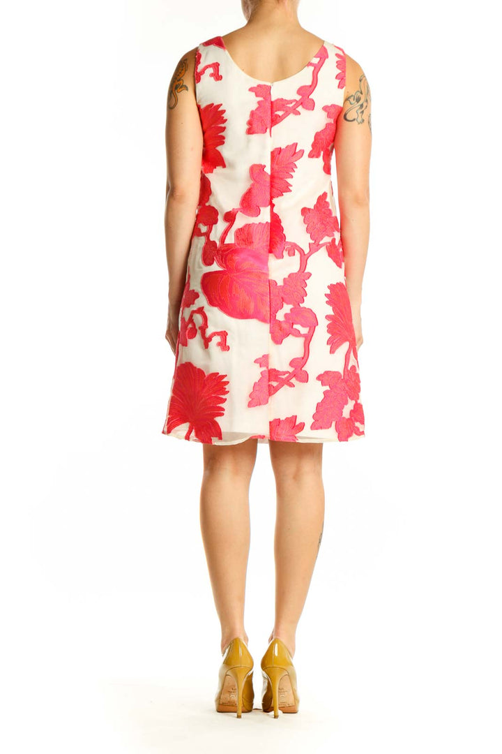 Red and pink floral print A-line dress back view showing full floral pattern