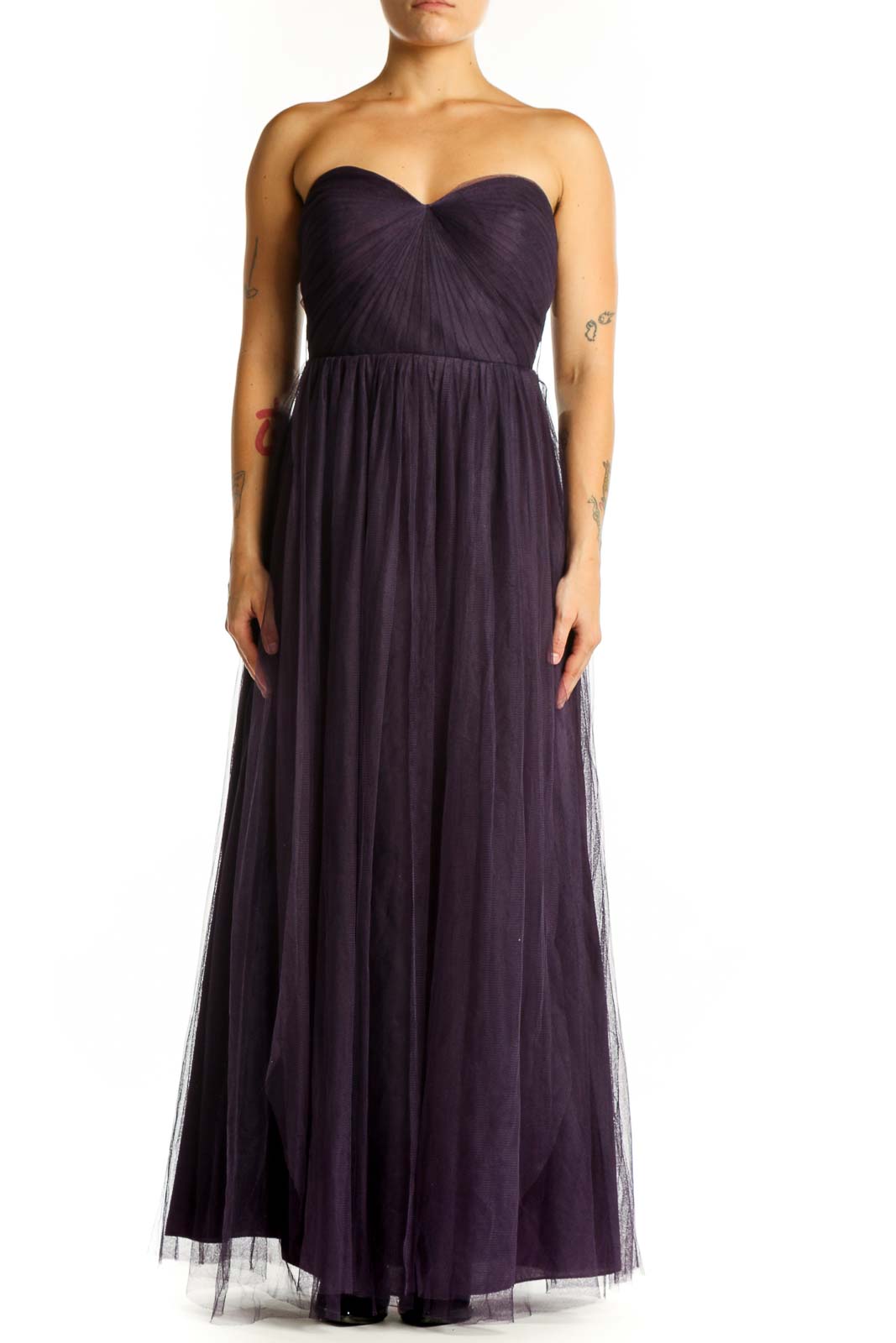 Navy sweetheart strapless tulle maxi dress with ruched bodice and flowing skirt, front view