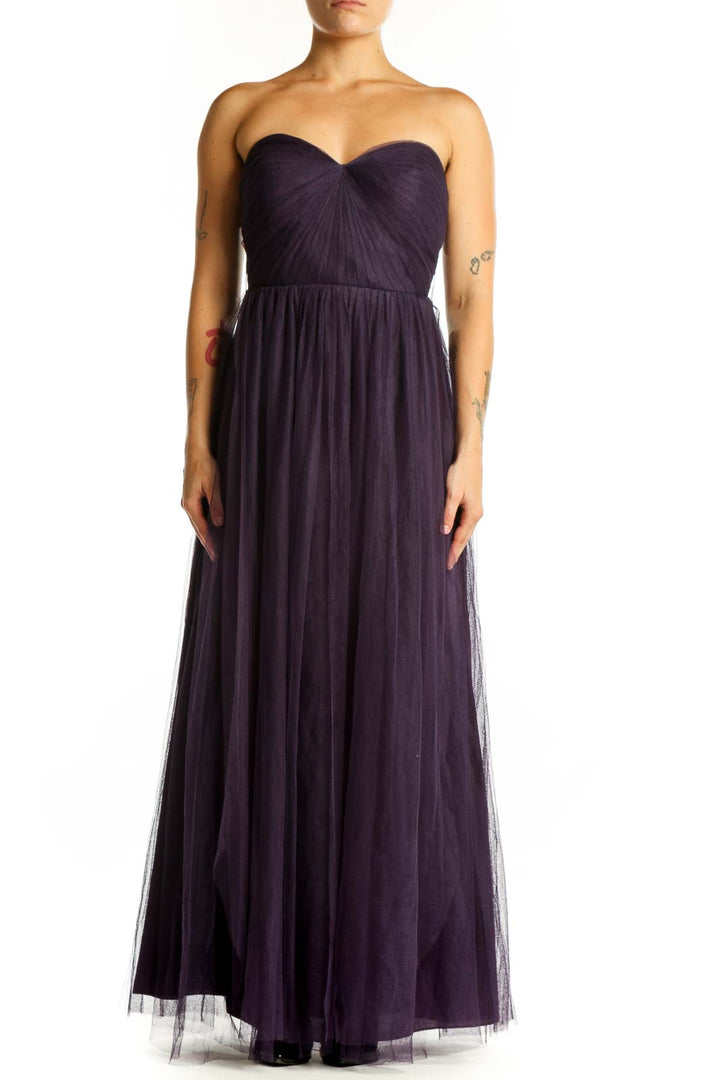 Navy sweetheart strapless tulle maxi dress with ruched bodice and flowing skirt, front view