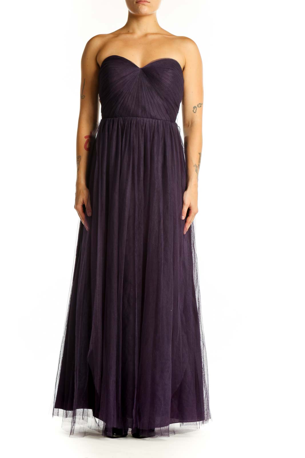 Navy sweetheart strapless tulle maxi dress with ruched bodice and flowing skirt, front view