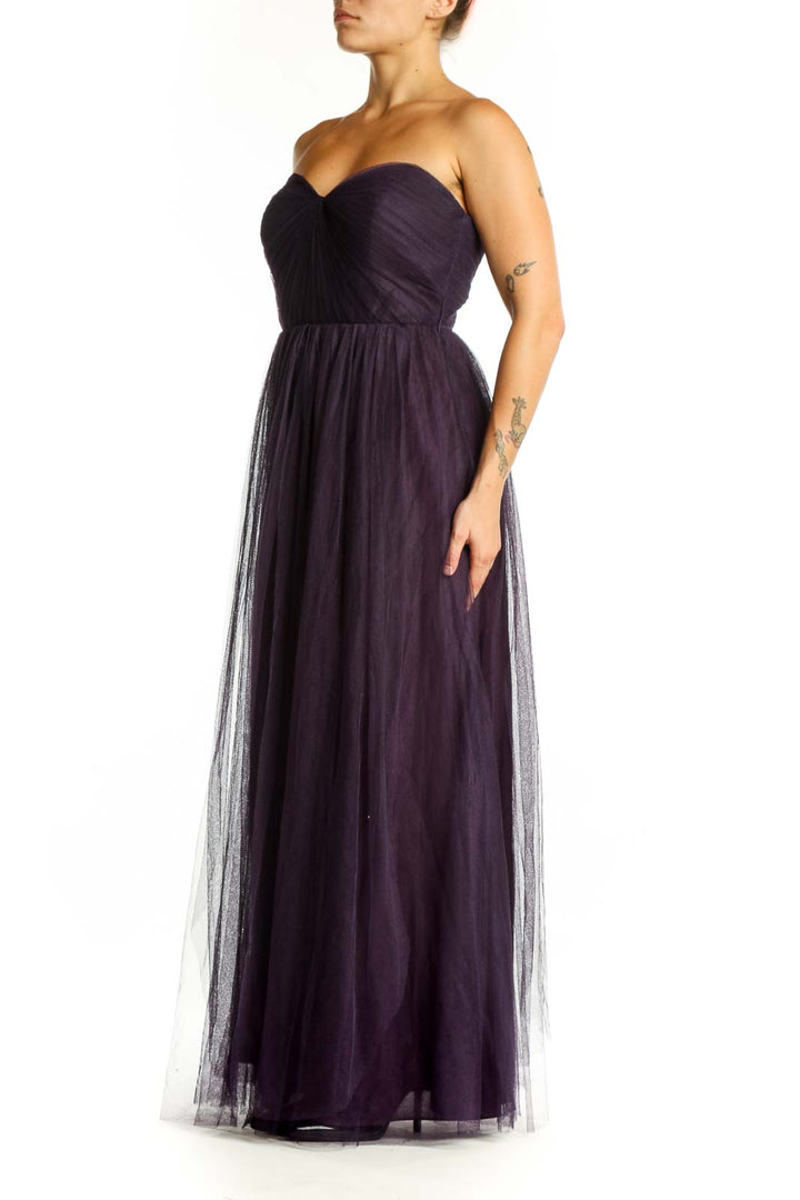 Navy sweetheart strapless tulle maxi dress with ruched bodice and flowing skirt, front view