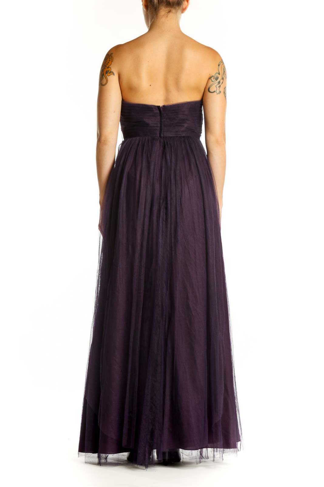 Navy sweetheart strapless tulle maxi dress with ruched bodice and flowing skirt, back view