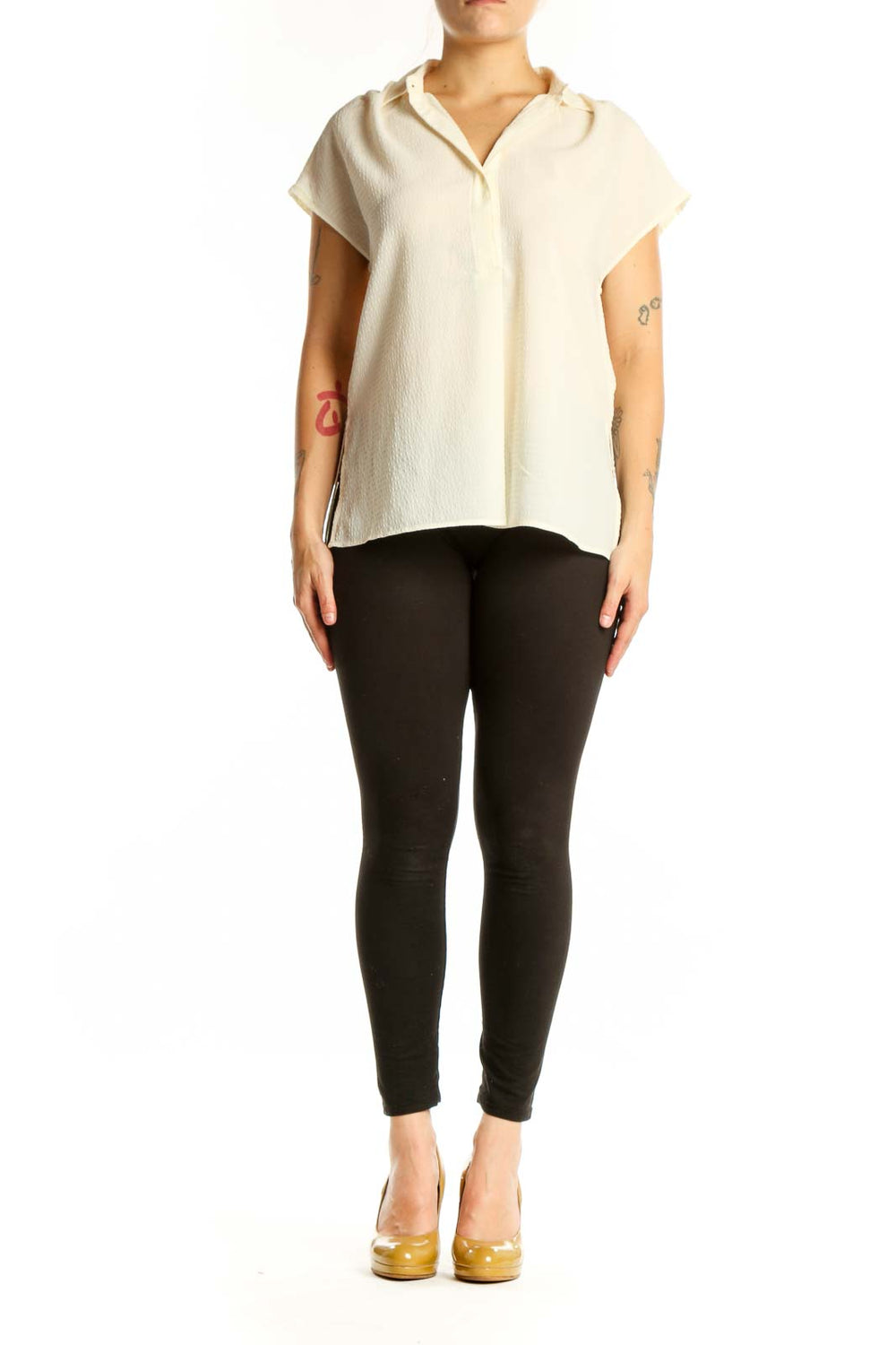 Cream collared short sleeve blouse by Max Studio, front view showing button-front closure and relaxed fit