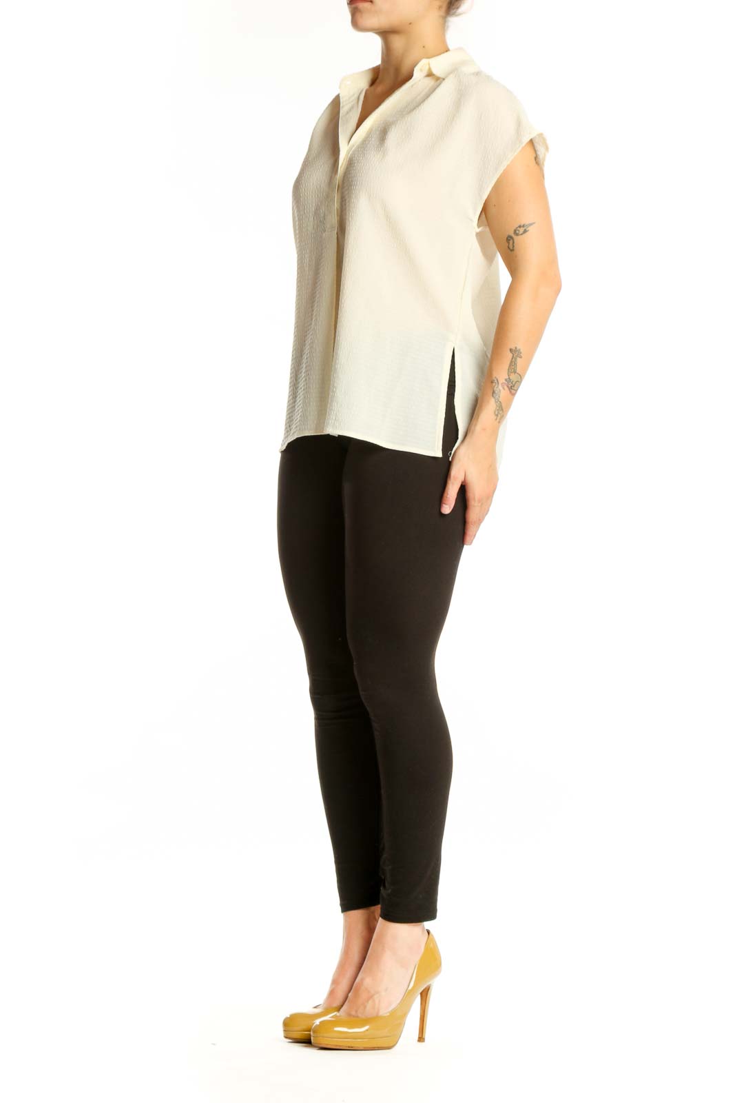Cream collared short sleeve blouse by Max Studio, front view showing button-front closure and relaxed fit