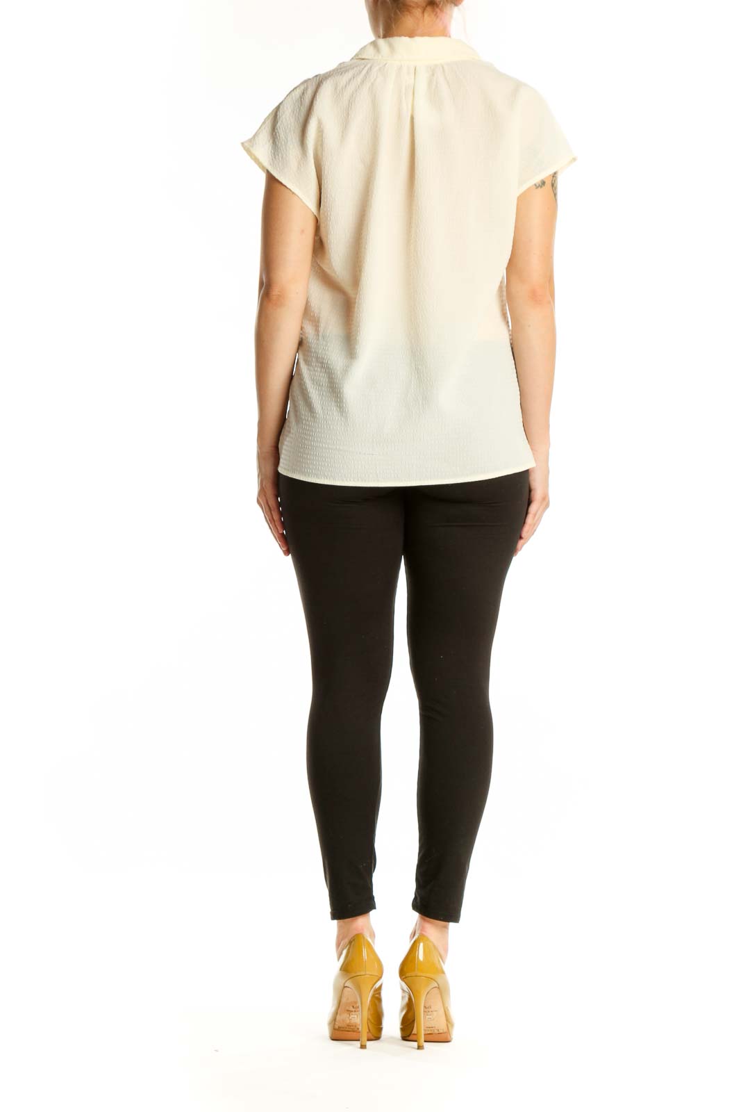 Cream collared short sleeve blouse by Max Studio, back view displaying A-line silhouette and side slit detail