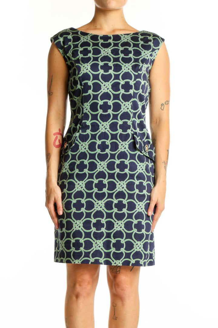 Navy and green geometric print sleeveless shift dress by Talbots, front view