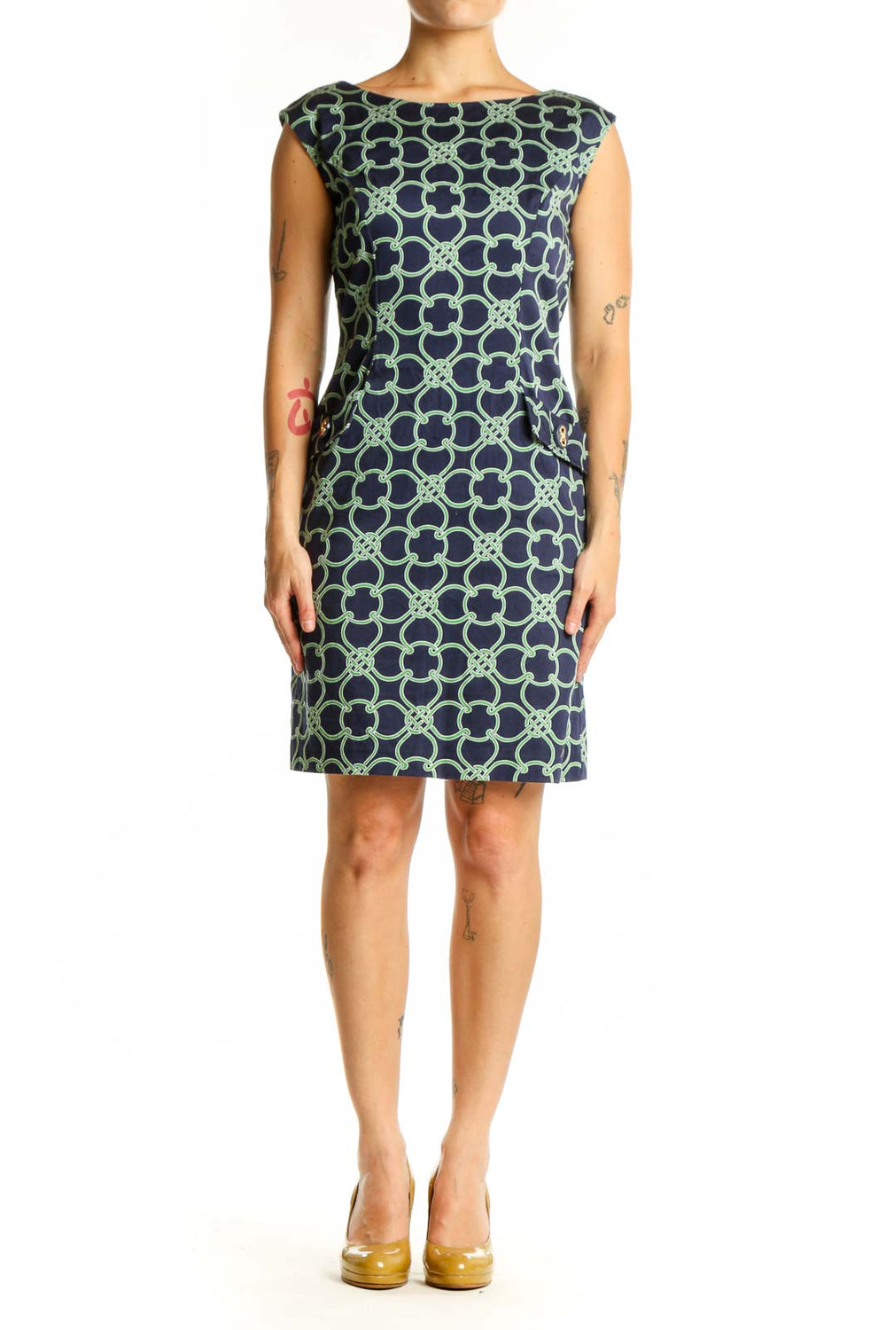 Navy and green geometric print sleeveless shift dress by Talbots, front view