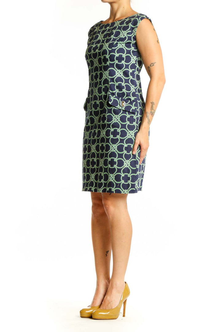 Navy and green geometric print sleeveless shift dress by Talbots, front view