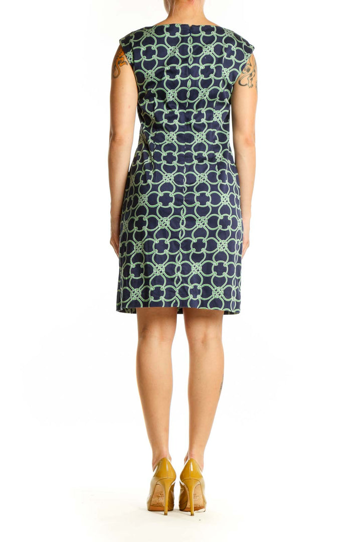 Navy and green geometric print sleeveless shift dress by Talbots, back view