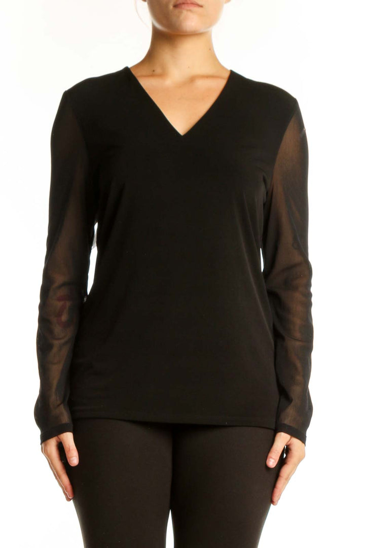 Black V-neck long sleeve top with sheer mesh sleeves by Carmen Marc Valvo, front view