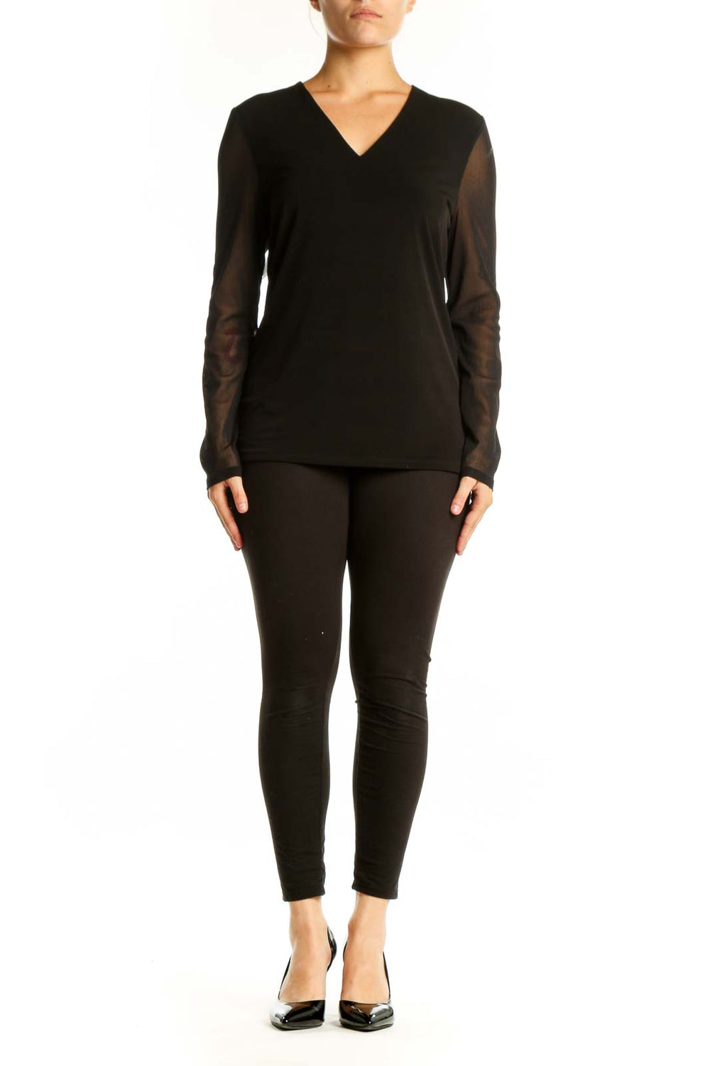 Black V-neck long sleeve top with sheer mesh sleeves by Carmen Marc Valvo, front view