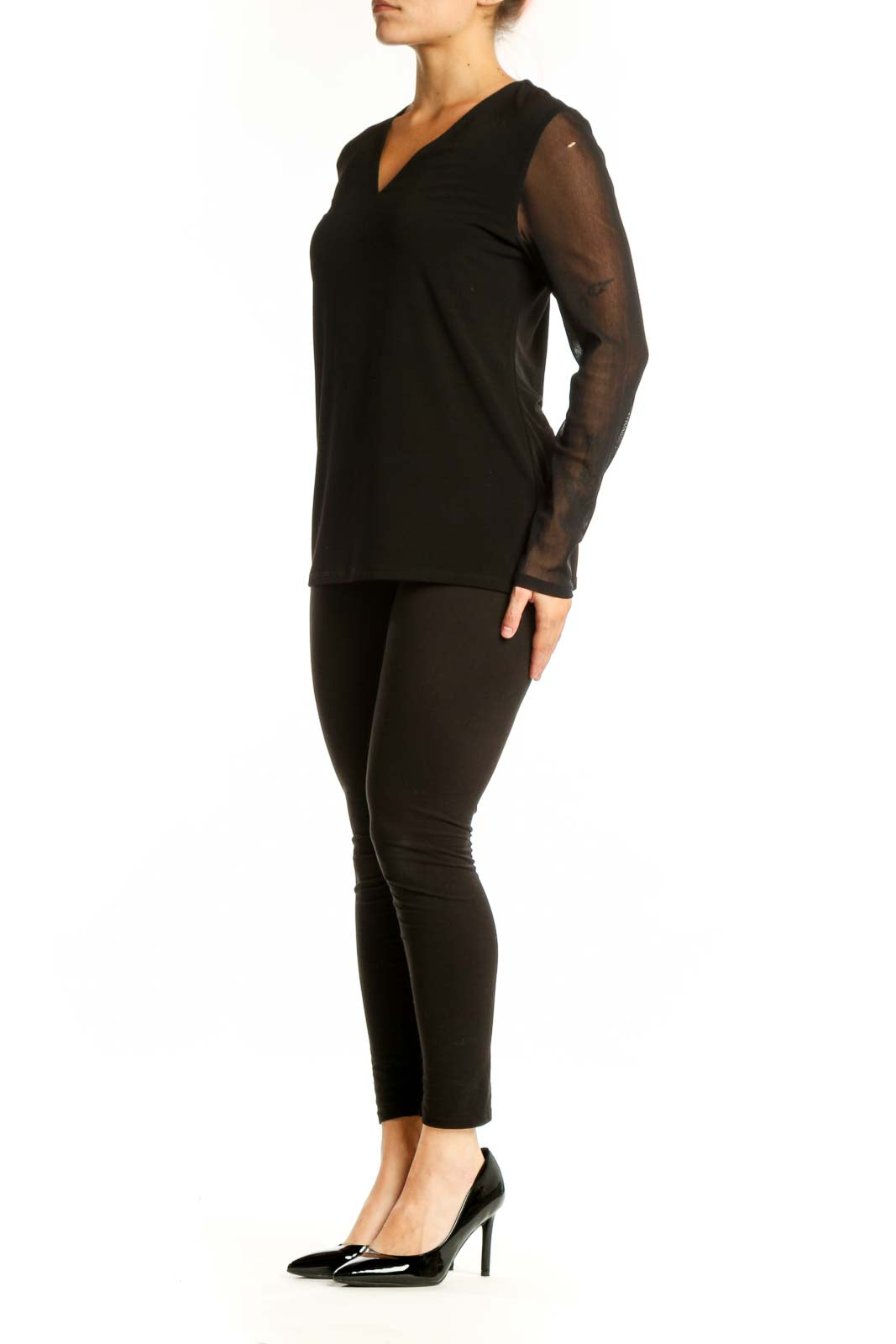 Black V-neck long sleeve top with sheer mesh sleeves by Carmen Marc Valvo, front view