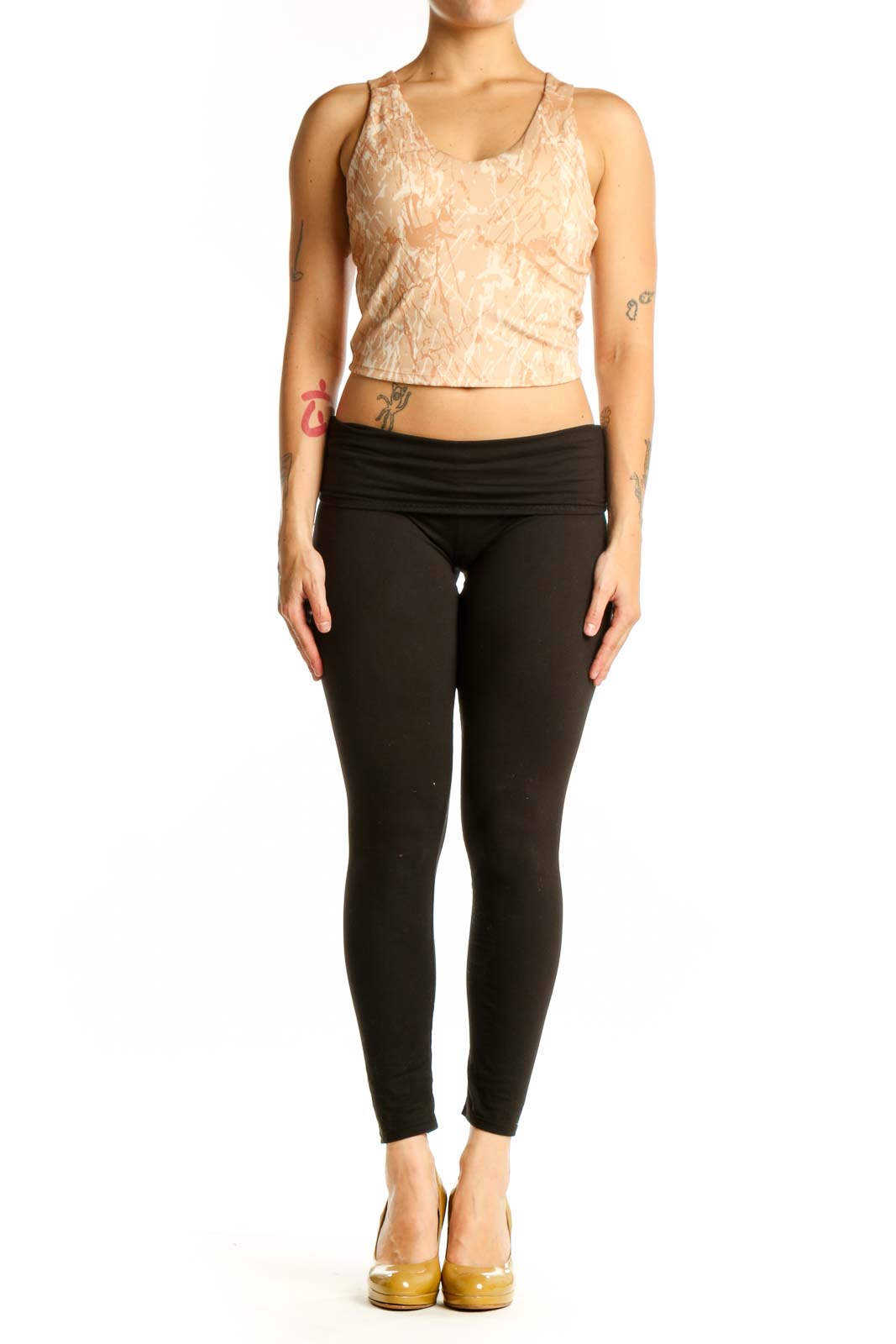 Beige textured crop tank top with scoop neckline, front view on model