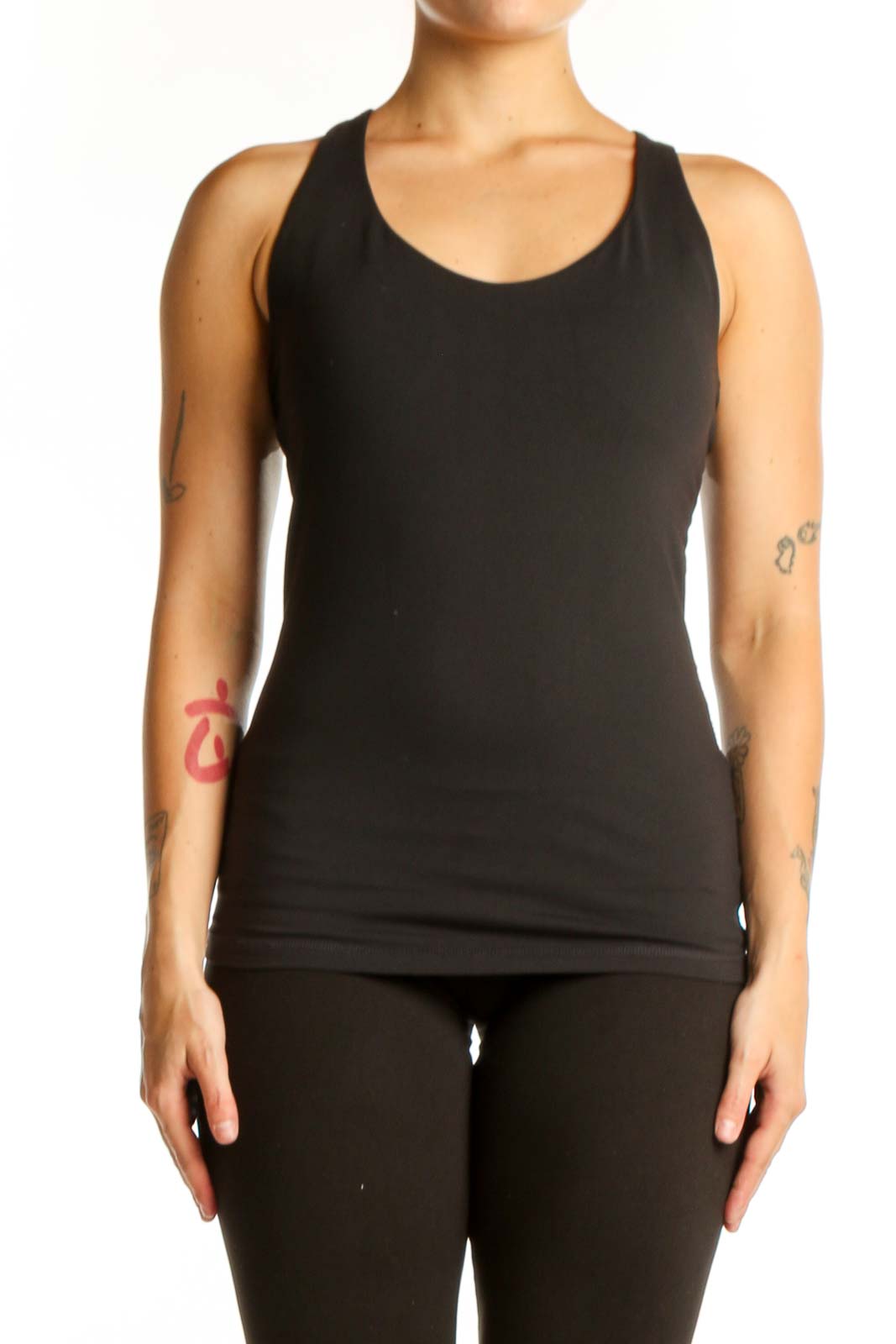 Black prAna racerback tank top front view on model, size M