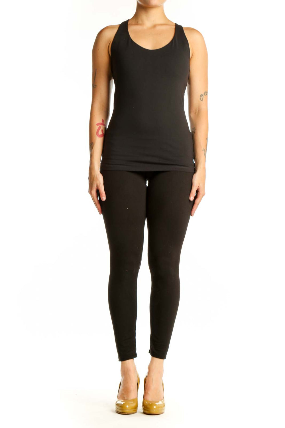 Black prAna racerback tank top front view on model, size M