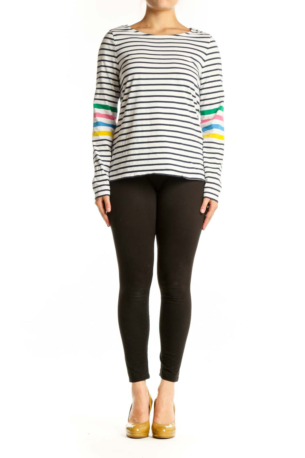 Navy and white striped long sleeve cotton top with colorful rainbow stripes on sleeves, front view
