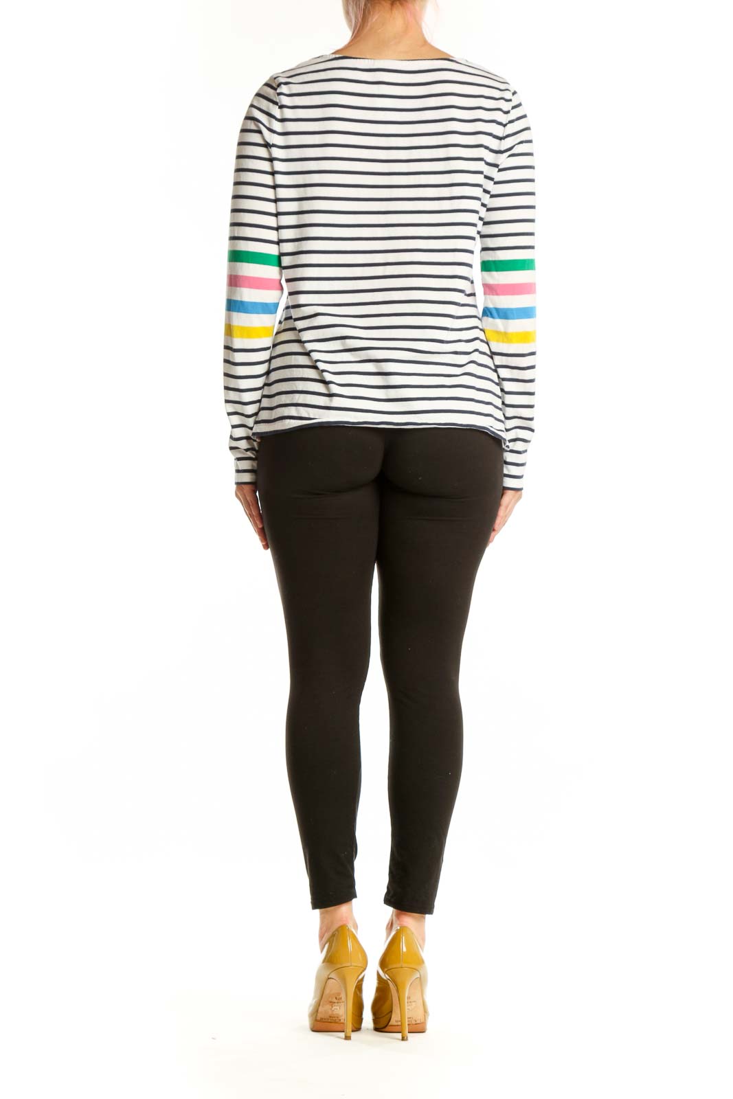 Navy and white striped long sleeve cotton top with rainbow sleeve accents, back view