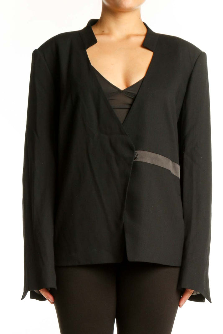Black wrap blazer with satin trim and V-neckline by Halston Heritage, front view