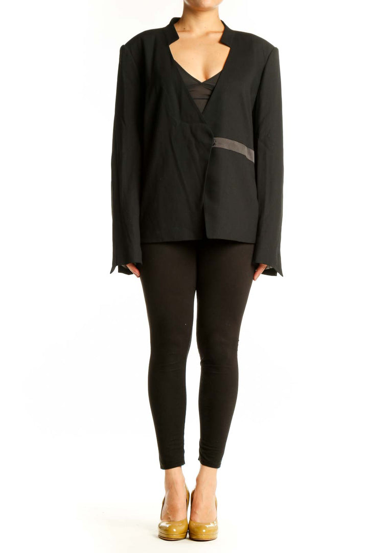 Black wrap blazer with satin trim and V-neckline by Halston Heritage, front view