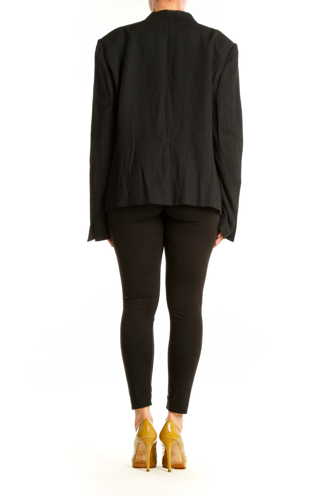 Black wrap blazer with satin trim detail by Halston Heritage, back view