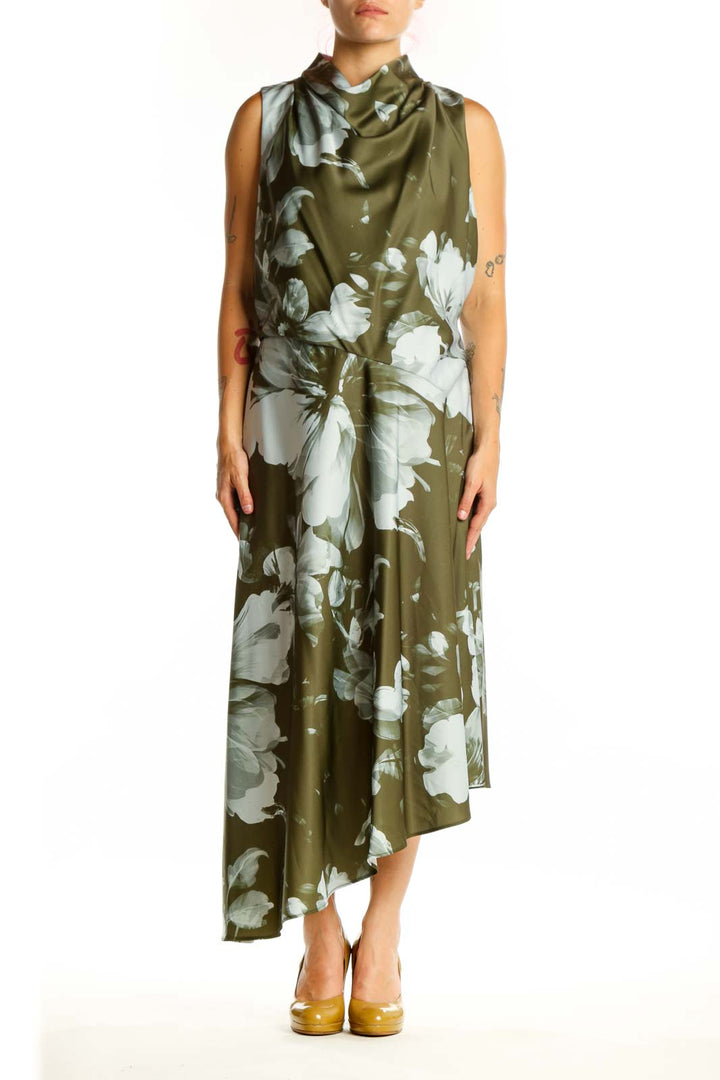 Olive green floral dress with white botanical print, cowl neckline, and asymmetrical hemline by Donna Karan New York