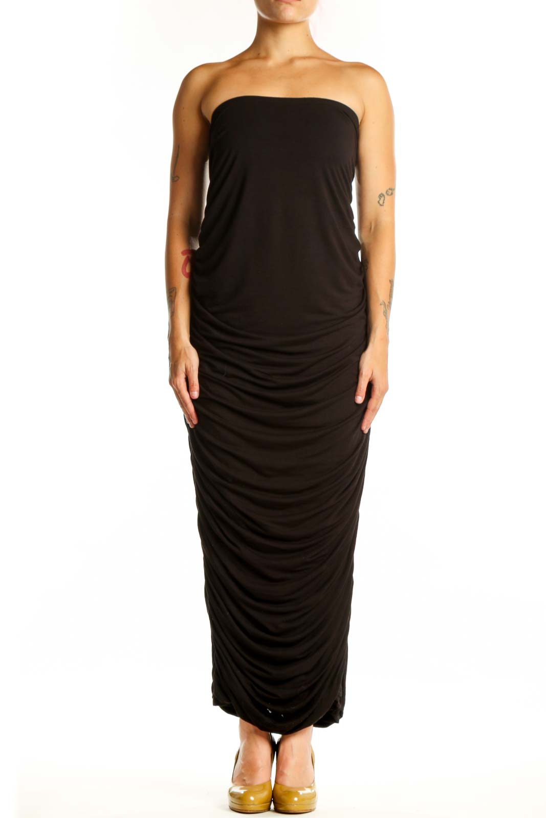 Black strapless ruched maxi dress by Good American, front view showing elegant ruching detail and sleek silhouette