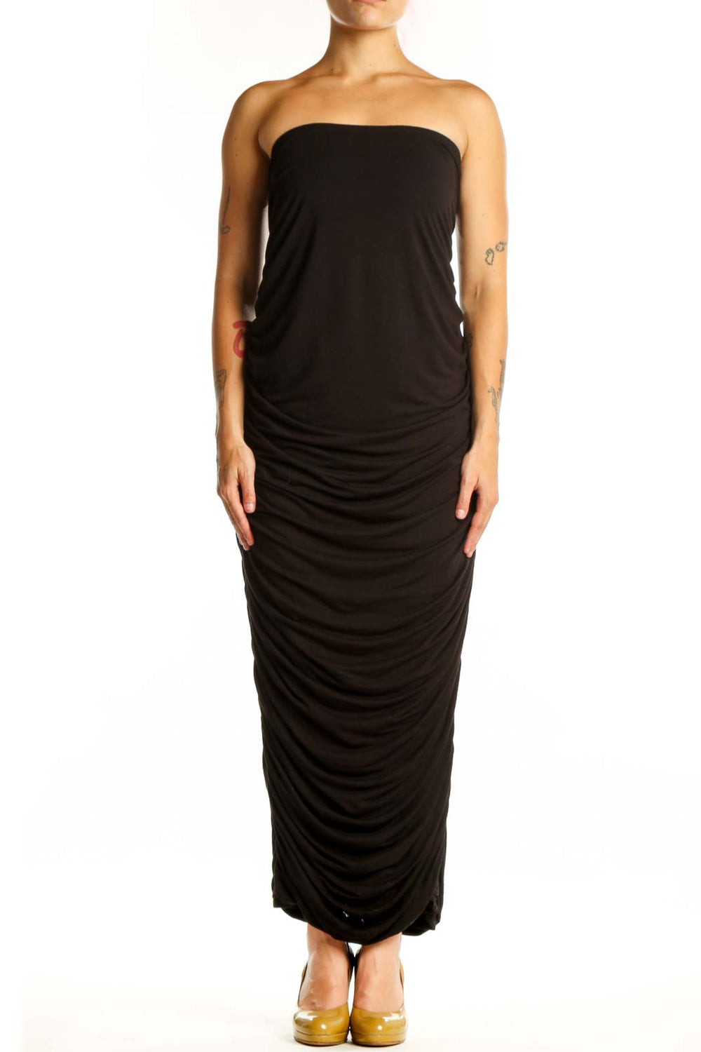 Black strapless ruched maxi dress by Good American, front view showing elegant ruching detail and sleek silhouette