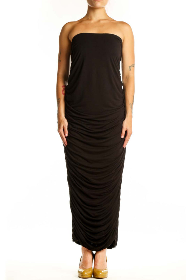 Black strapless ruched maxi dress by Good American, front view showing elegant ruching detail and sleek silhouette