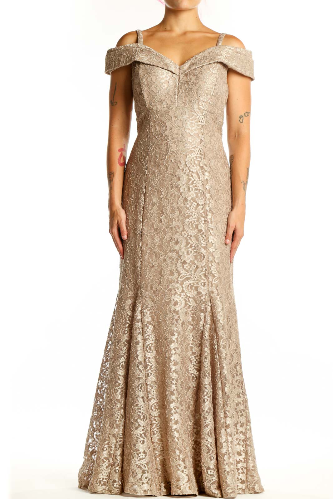 Beige lace off-shoulder mermaid gown with cold-shoulder neckline and intricate floral pattern, front view