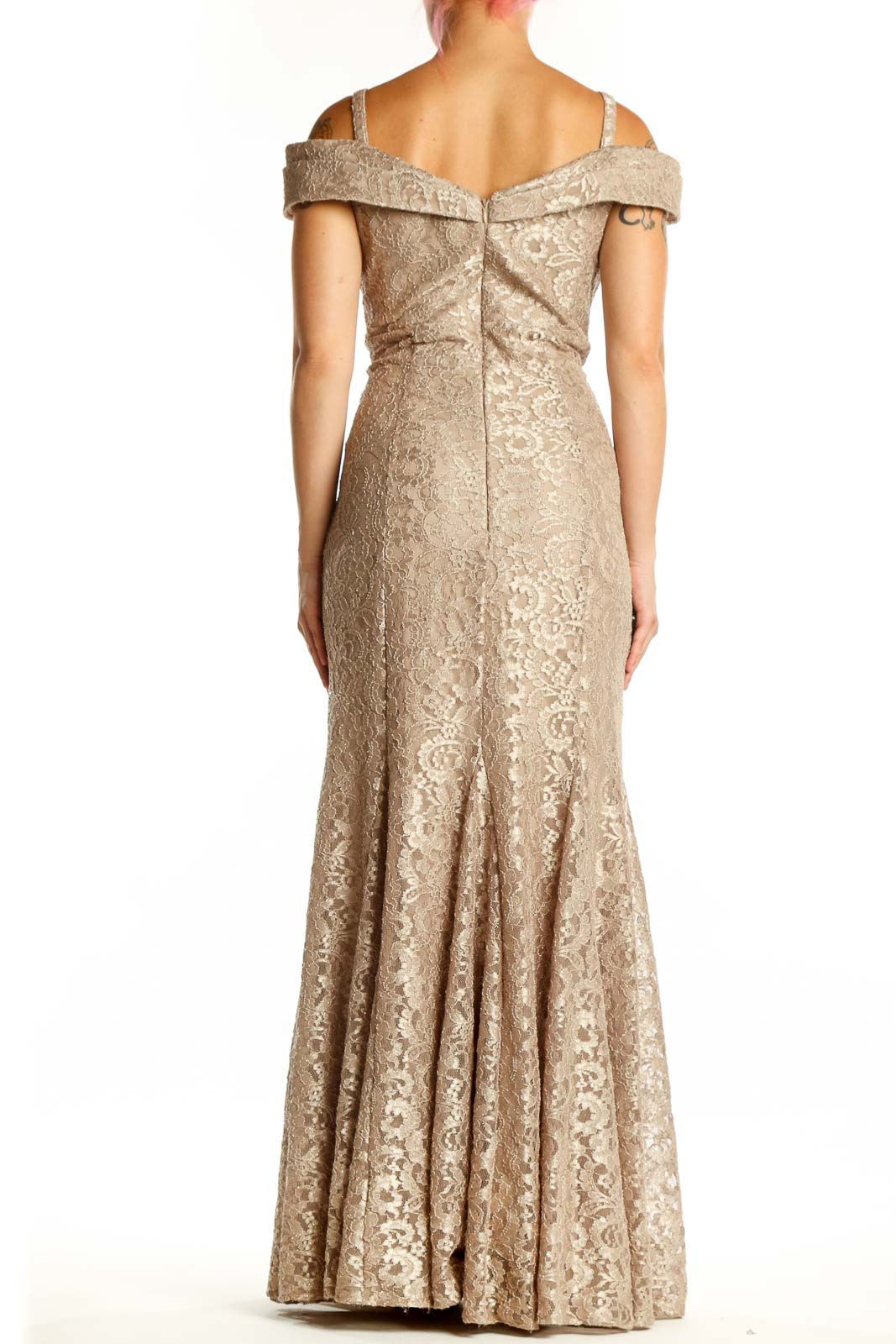 Beige lace off-shoulder mermaid gown with elegant back detail and flowing mermaid hem, back view