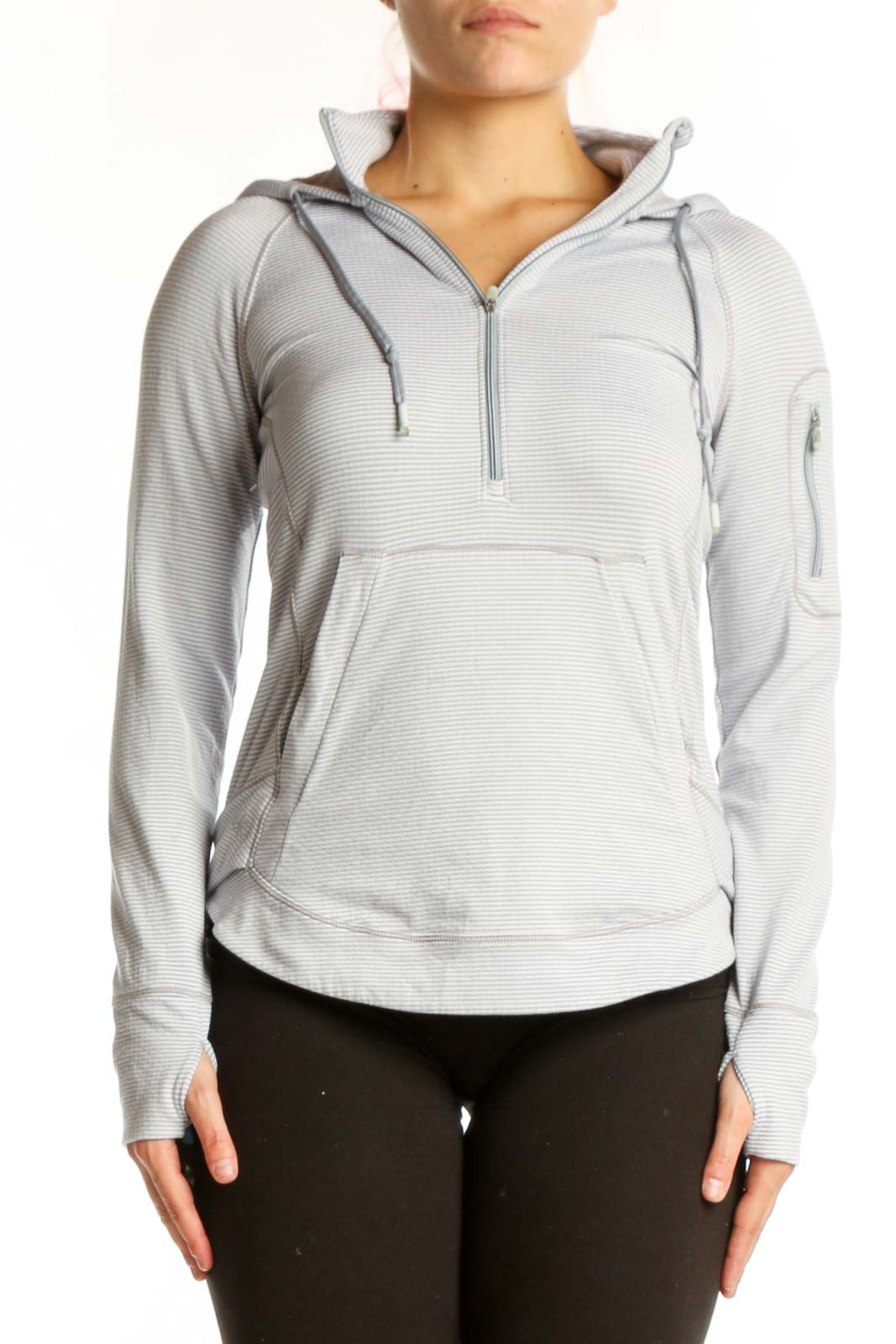 Gray and white striped Athleta hooded pullover with quarter-zip front view