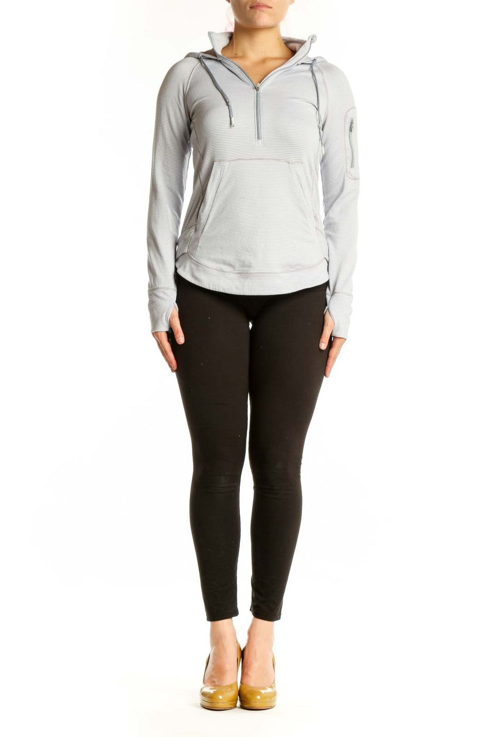 Gray and white striped Athleta hooded pullover with quarter-zip front view