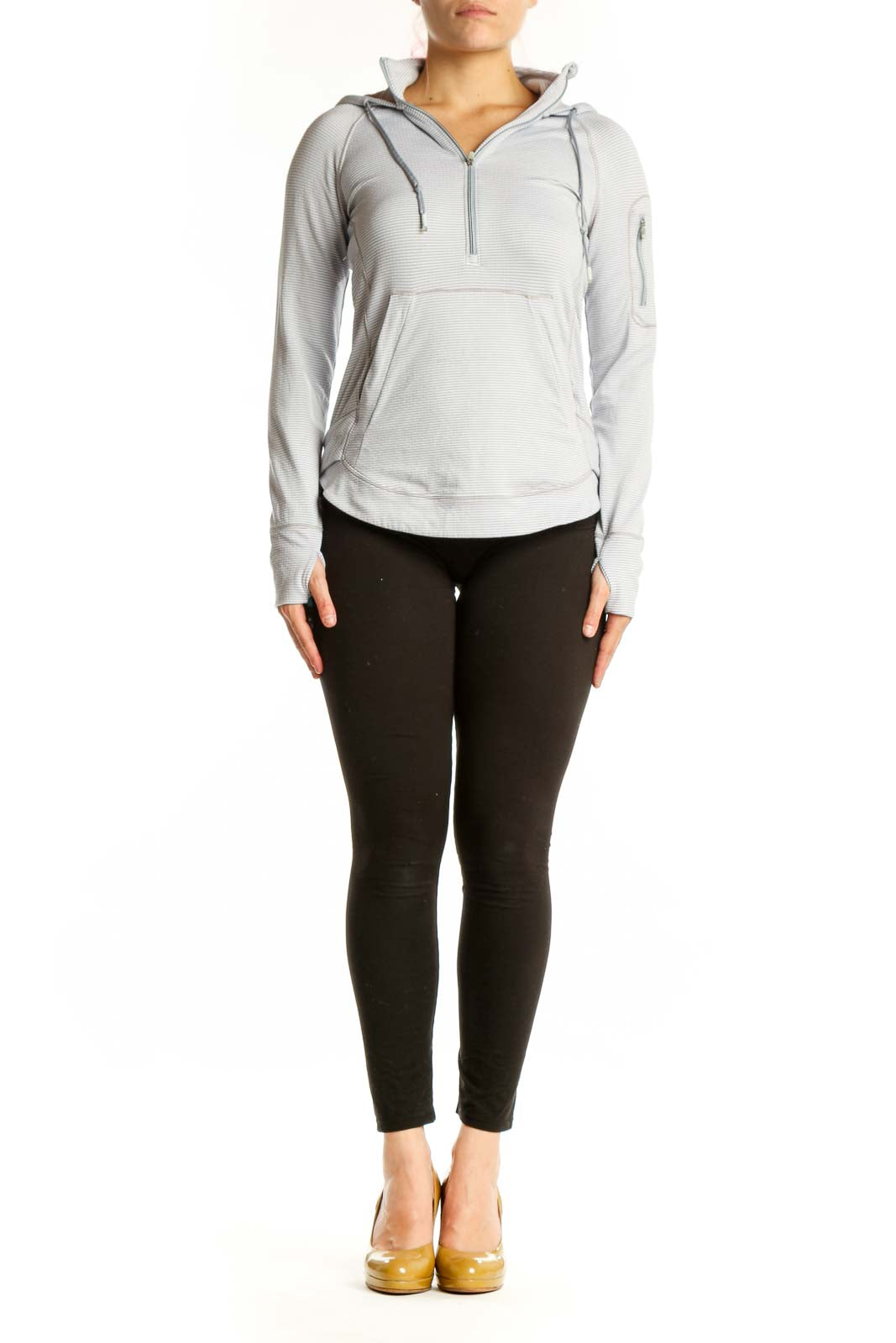 Gray and white striped Athleta hooded pullover with quarter-zip front view