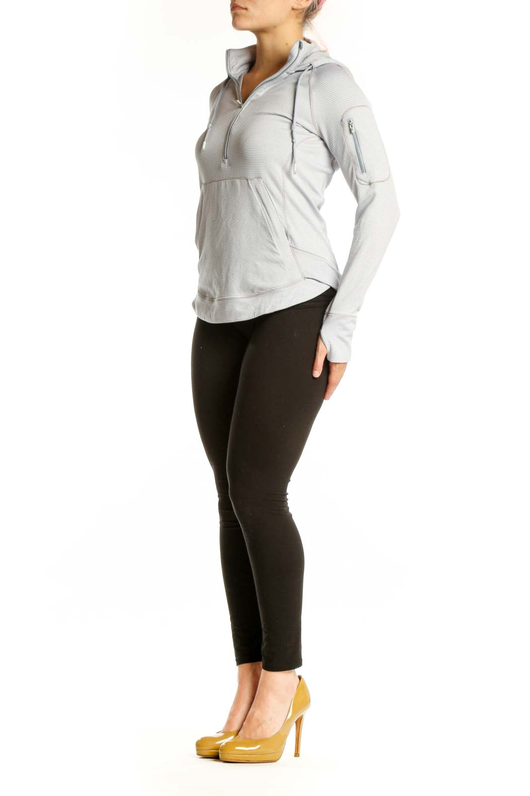 Gray and white striped Athleta hooded pullover with quarter-zip front view