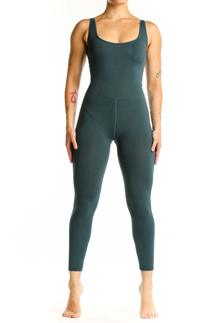 Front view of teal ribbed tank all-in-one jumpsuit with scoop neckline and fitted high-waisted leggings