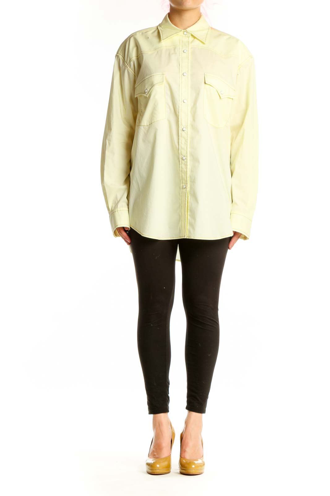 Cream cotton button-up shirt with collared neckline and chest pockets, front view