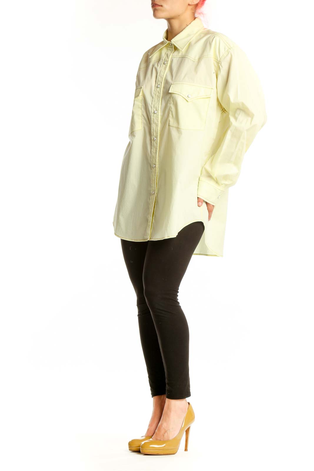 Cream cotton button-up shirt with collared neckline and chest pockets, front view