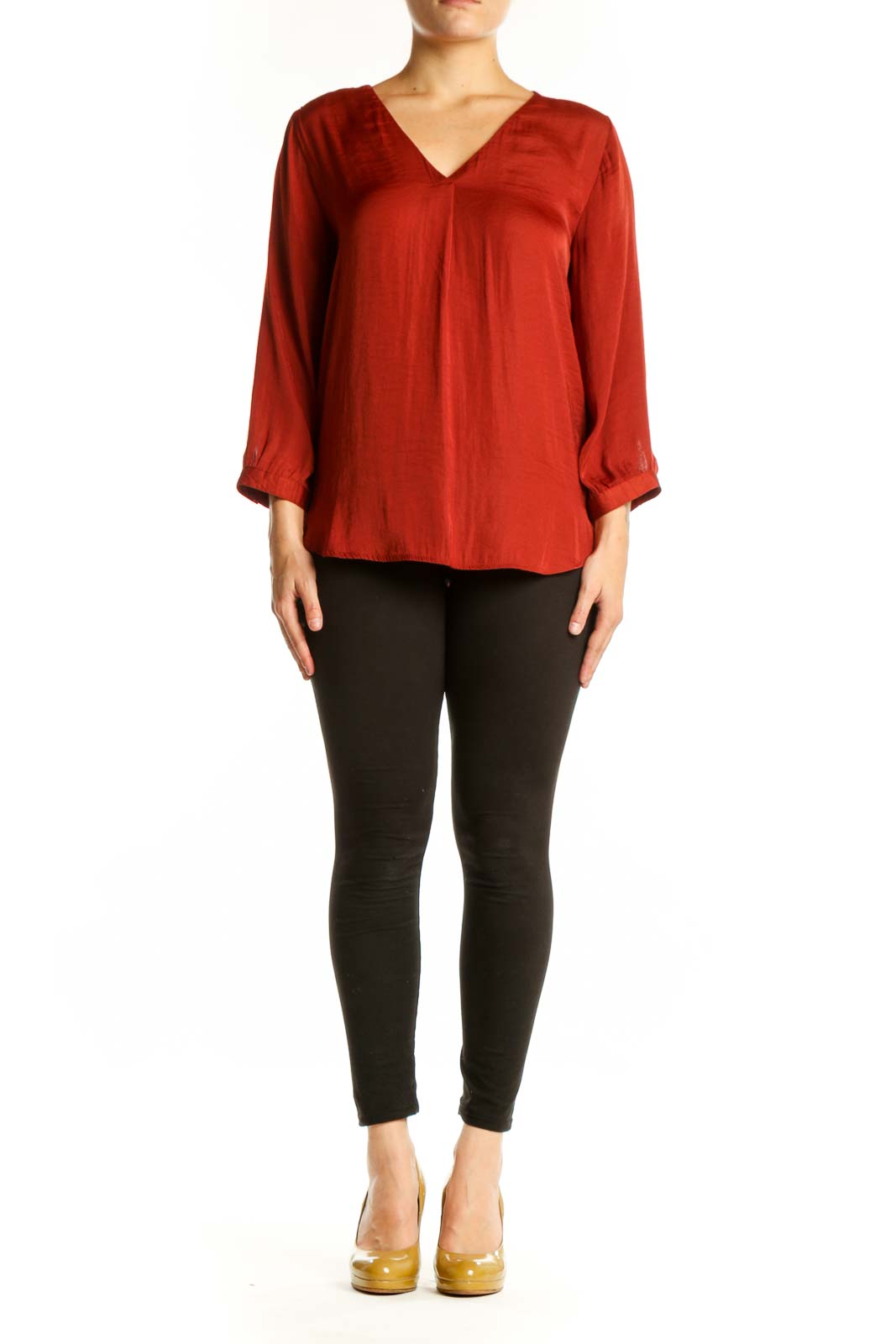 Red V-neck blouse with three-quarter sleeves and rolled cuffs, front view