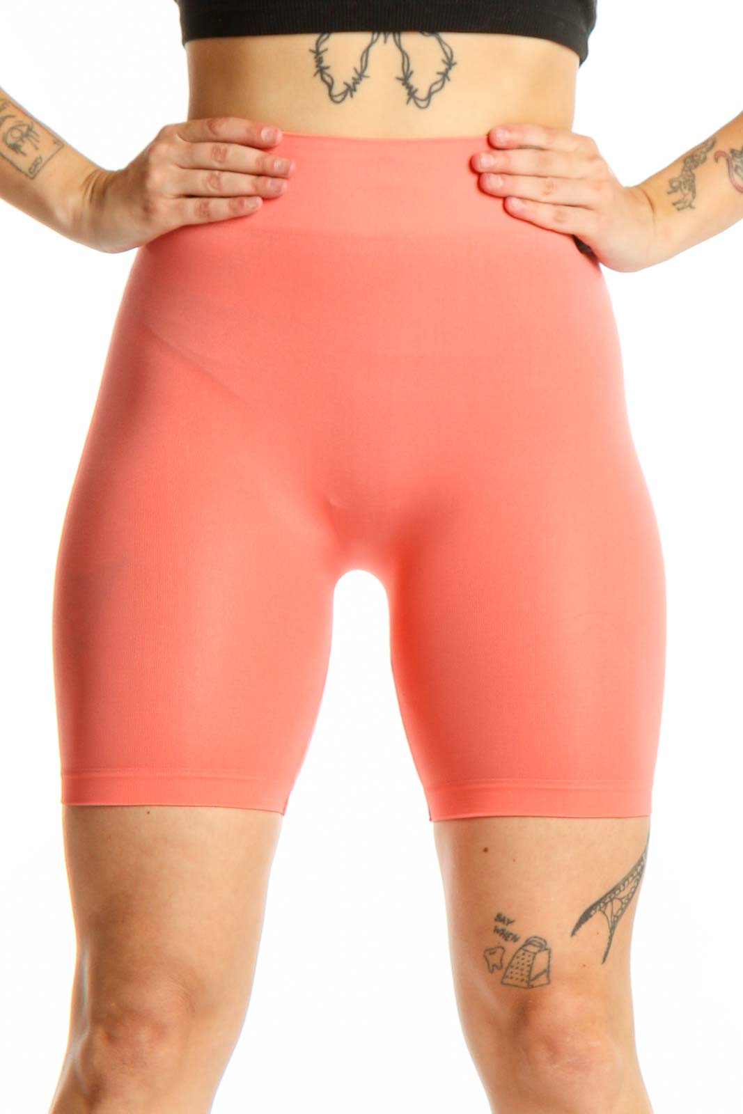 Coral high-waist biker shorts front view, Intimately Free People activewear