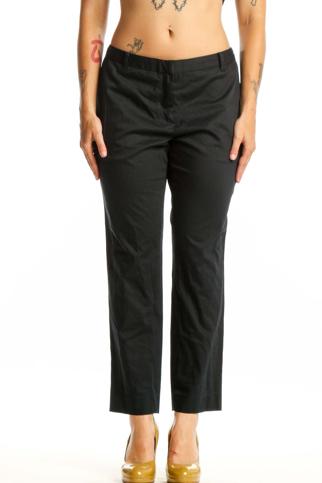 Black cropped dress pants from Allsaints, front view showing straight leg silhouette and cropped ankle length on size L