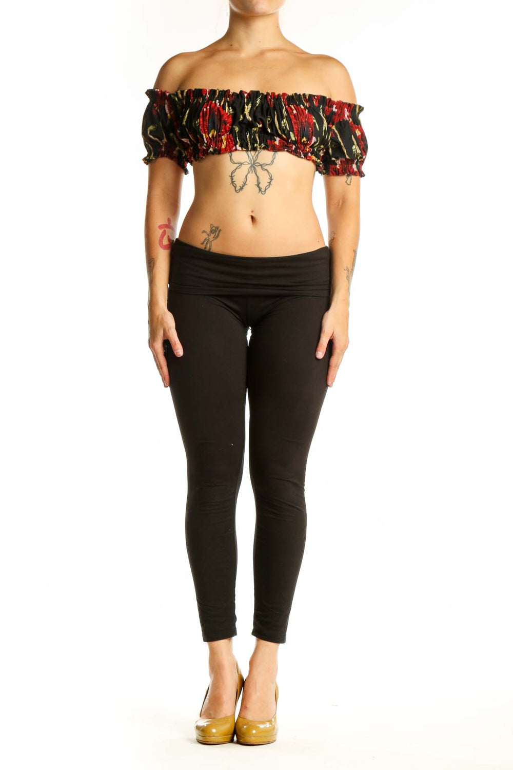 Black floral off-shoulder ruched crop top with red and gold botanical print and puffed sleeves, front view